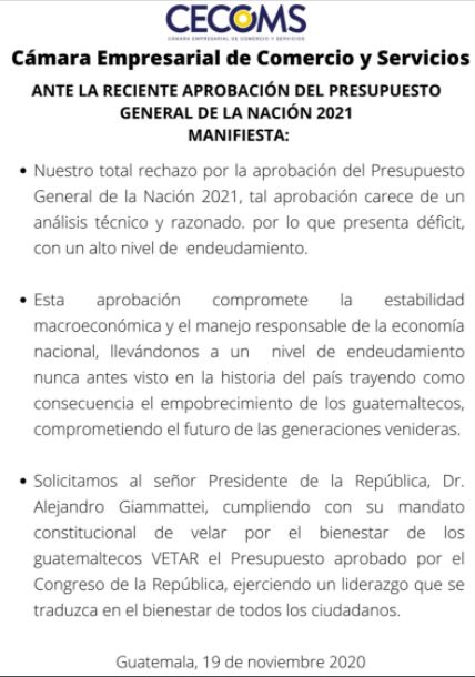 La Cámara Empresarial de Comercio y Servicios emitió un comunicado en rechazo a la aprobación del Presupuesto 2021. (Foto Prensa Libre: CECOMS)