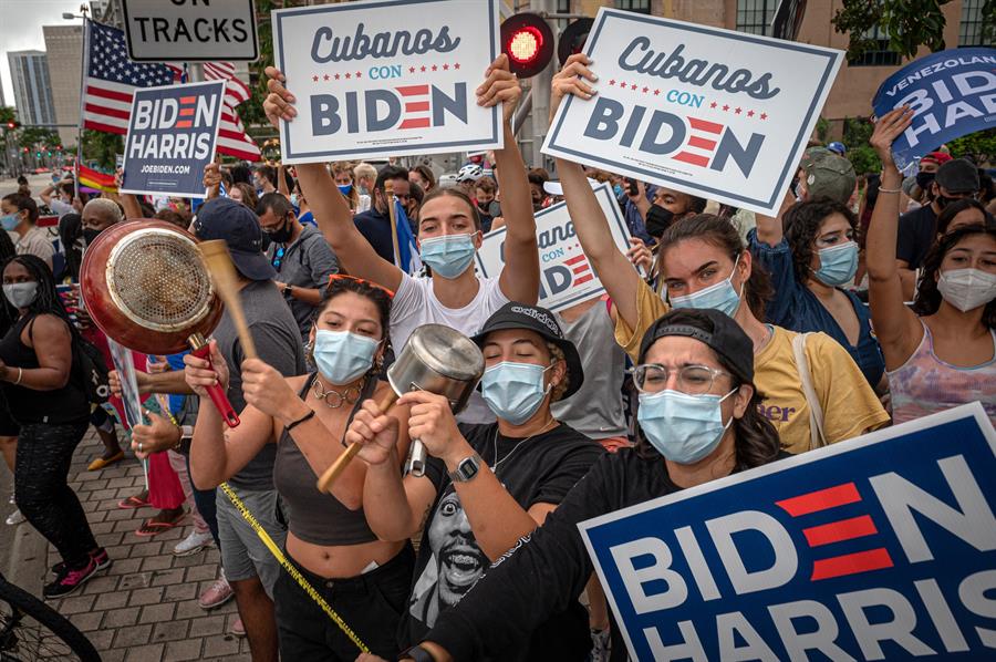 Cientos de personas entre los que destacan decenas de miembros de la comunidad hispana en Miami celebran la victoria del demócrata Joe Biden. (Foto Prensa Libre: EFE)