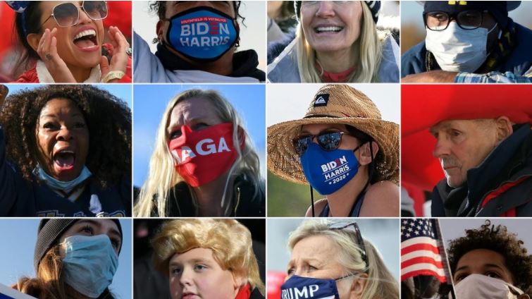 Esta combinación de imágenes creadas el 1 de noviembre de 2020 muestra a los partidarios del presidente de EE.UU., Donald Trump, y del candidato presidencial demócrata Joe Biden, durante varios mítines de campaña en estados clave a fines de octubre [AFP]
