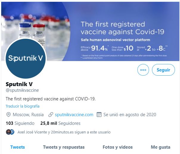 La cuenta de Sputnik V @sputnikvaccine fue restringida por Twitter. (Foto Prensa Libre:)
