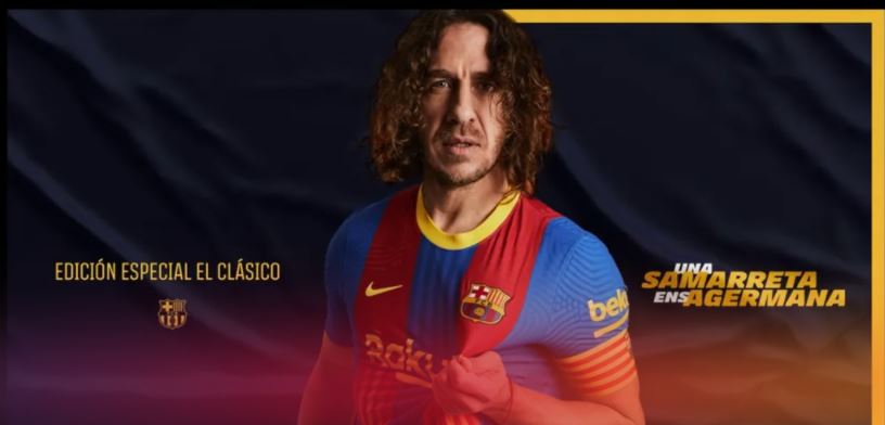 Carles Puyol, excapitán del Barcelona, es la figura que presenta la nueva camiseta culé. (Foto Prensa Libre: FC Barcelona)