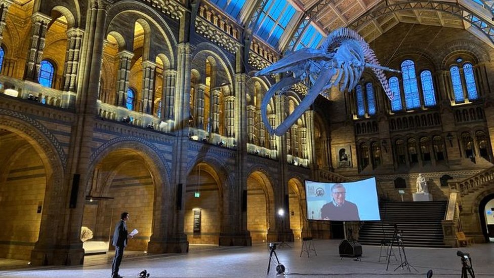 Justin Rowlatt entrevistando a Gates desde el Museo de Historia Natural de Londres.