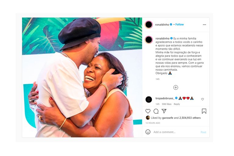 Este fue el mensaje que publicó Ronaldinho en su cuenta de Instagram. Foto Prensa Libre: Captura de pantalla. 