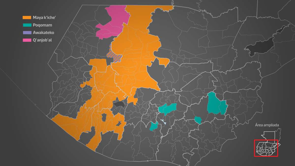 Un mapa de los idiomas en rescate k'iche, q'anjob'al, awakateko y poqomam.