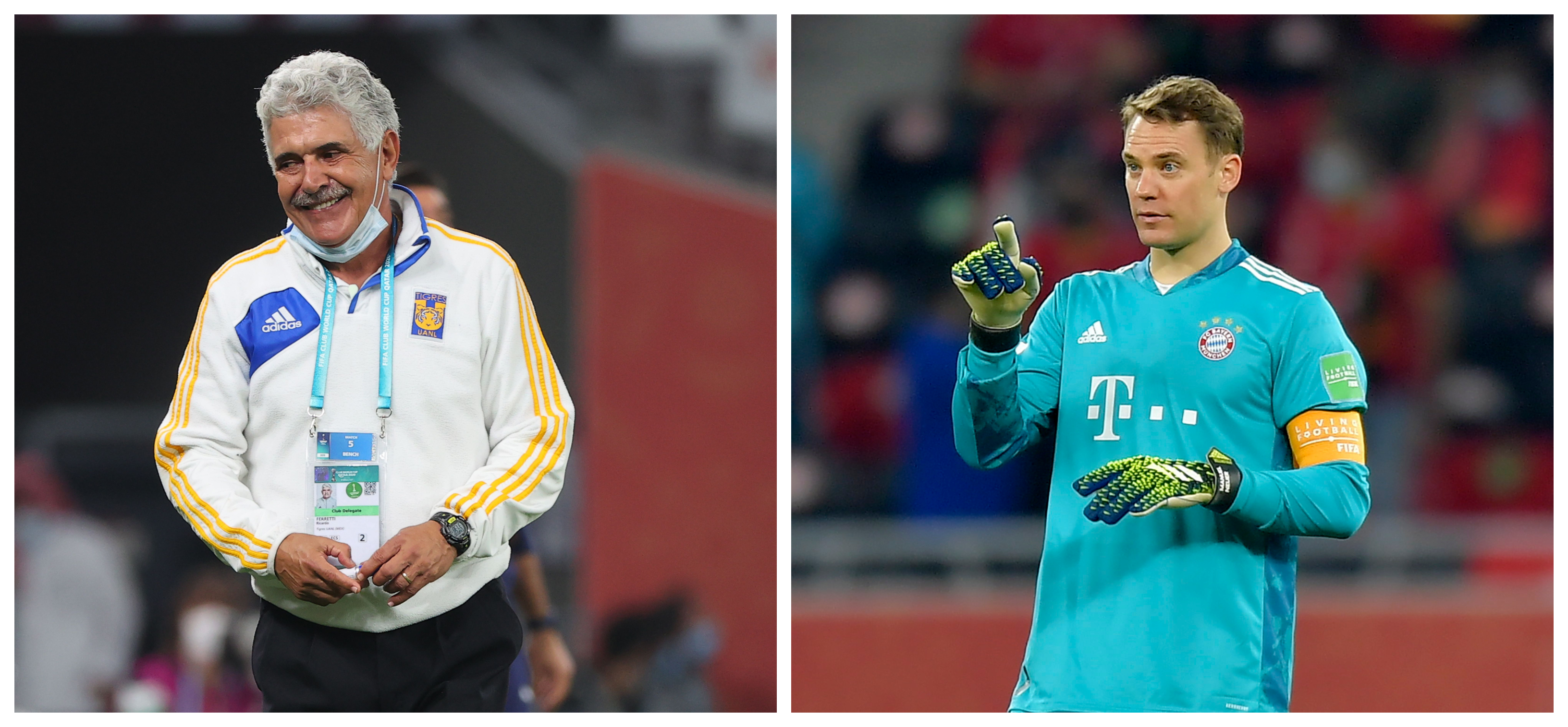 Ricardo Ferreti, técnico de Tigres FC; y Manuel Neuer, portero del Bayern de Múnich. Foto Prensa Libre: AFP