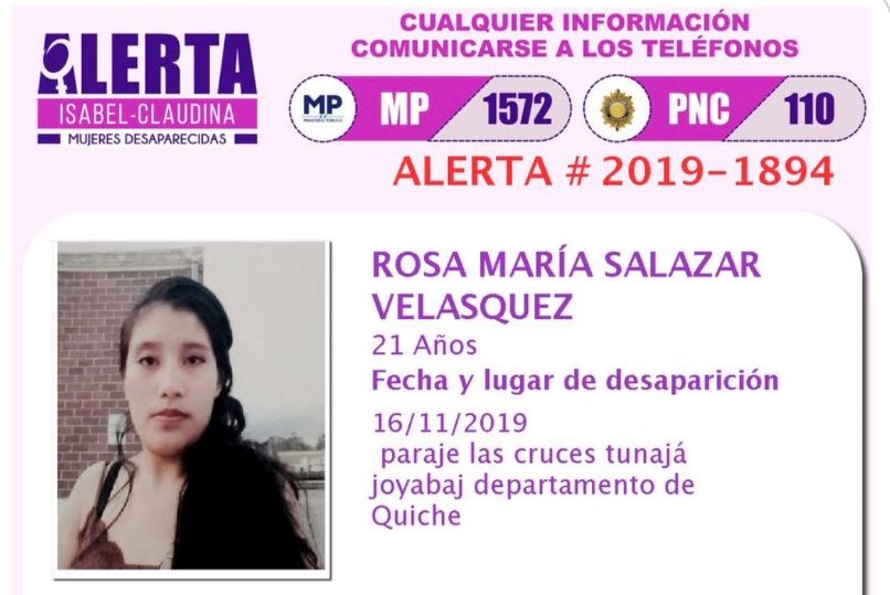 Alerta Isabel-Claudina sobre la desaparición de Rosa María Salazar Velásquez.