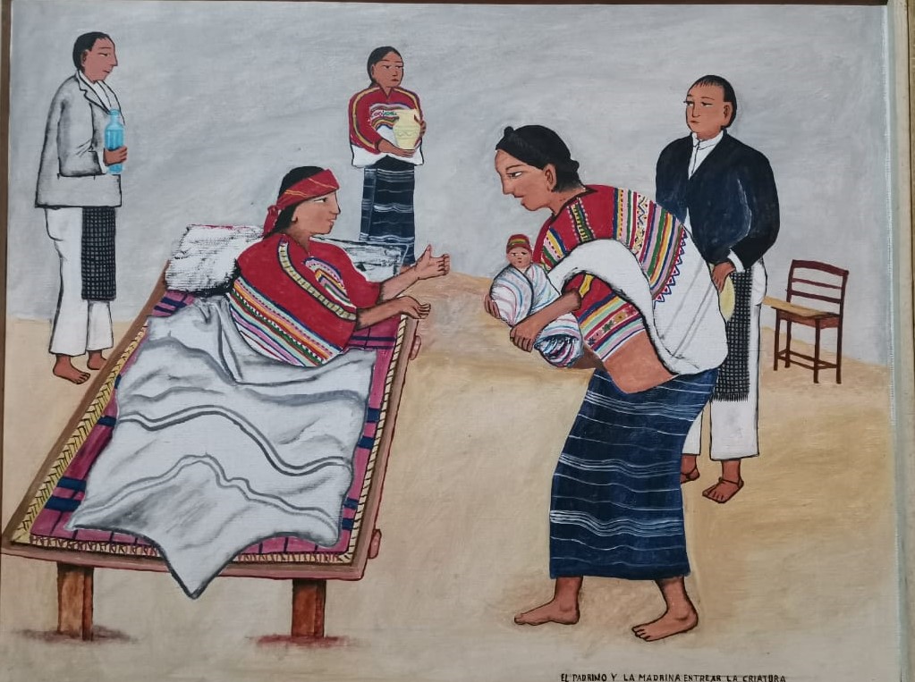 A lo largo de la historia las culturas expresan su sentir sobre la maternidad.  Este ejemplo es de una pieza llamada  Los padrinos, de Andrés Curuchich,  1968.  Munam. (Foto Prensa Libre: Ingrid Reyes)