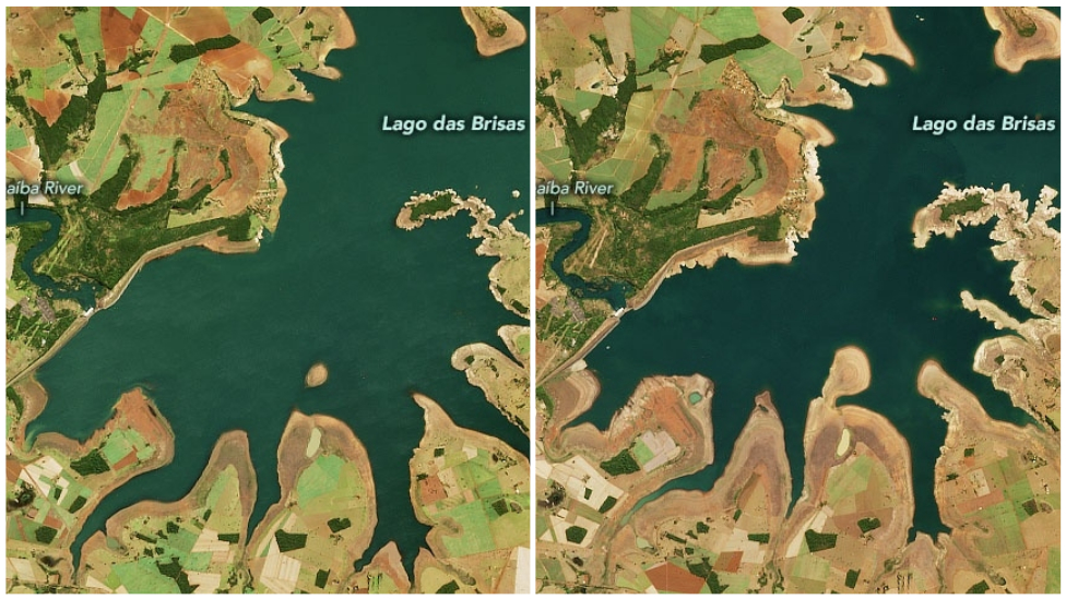 La comparación de estas imágenes de la NASA es una preocupante evidencia de la sequía en Brasil: la imagen izquierda fue tomada el 12 de junio de 2019, la derecha el 17 de junio de este año. (NASA)