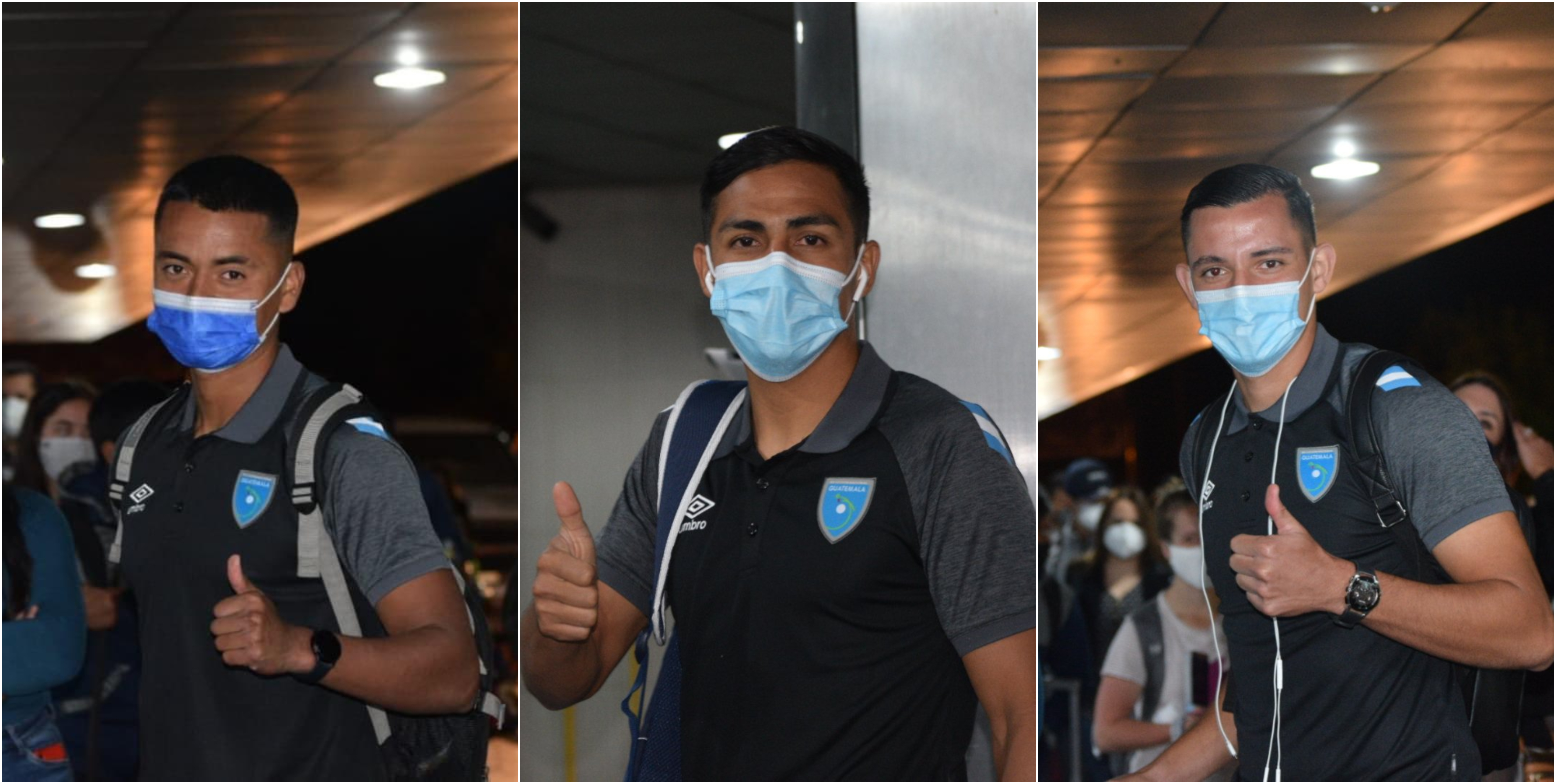 Algunos jugadores se despiden mientras ingresan en el Aeropuerto Internacional La Aurora esta mañana. Viajaron a Los Ángeles, California para disputar un partido amistoso ante El Salvador. Foto Prensa Libre: Cortesía @masfutbolgt