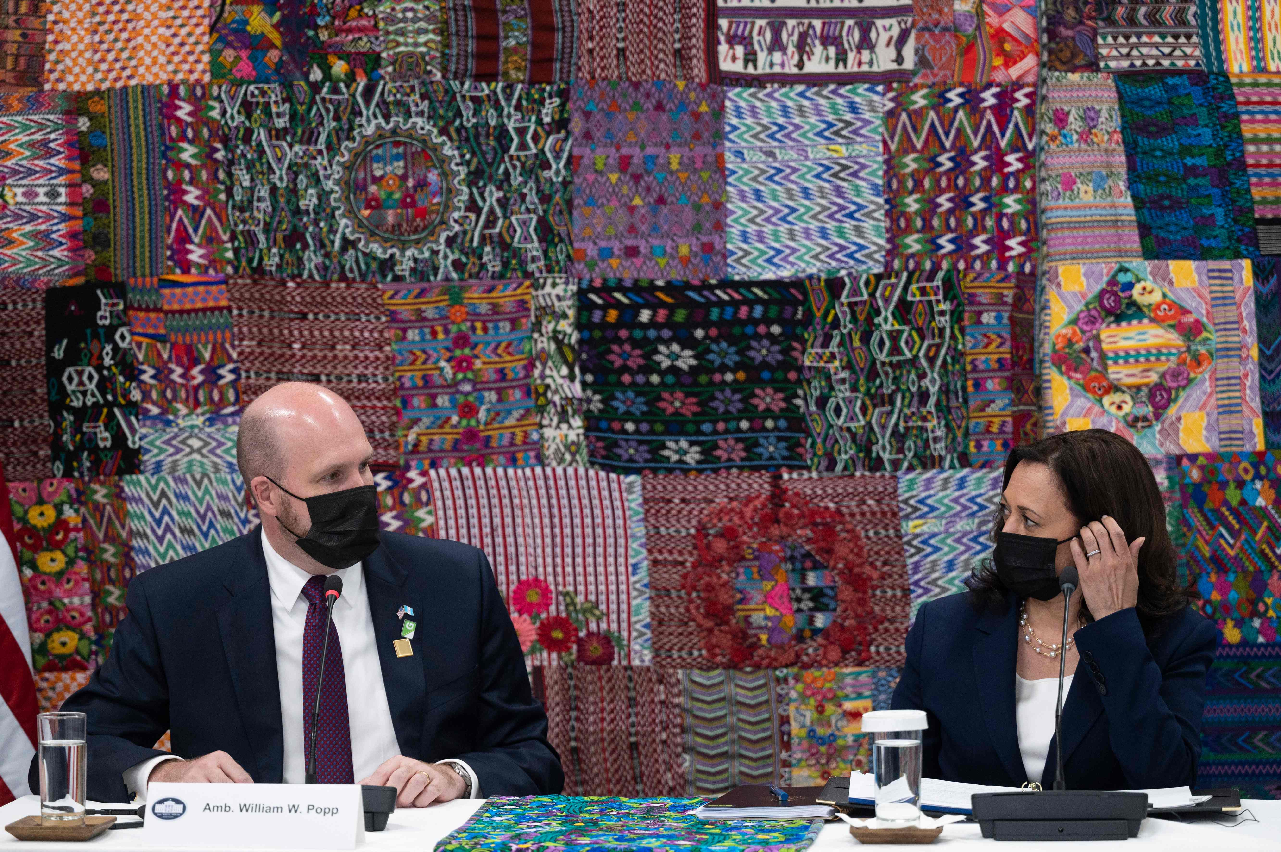 William Popp, embajador de Estados Unidos en Guatemala y la vicepresidenta Kamala Harris, de ese país, durante su visita a Guatemala.