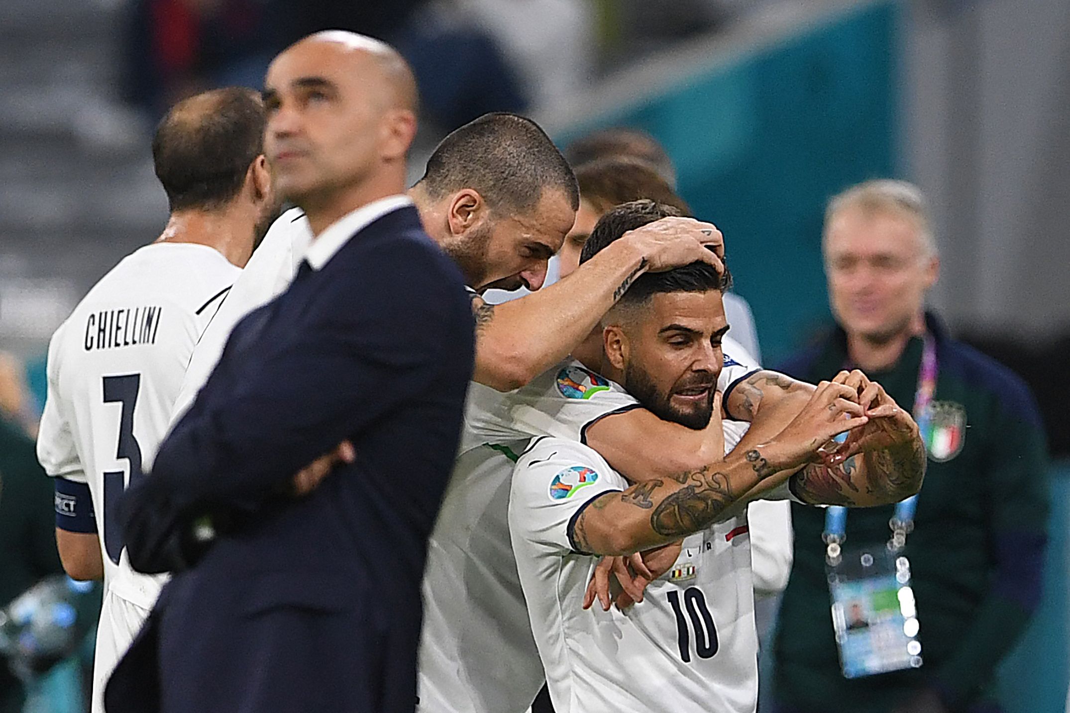 Lorenzo Insigne festeja el segundo gol de Italia frente a Bélgica en el partido de cuartos de final de la Euro2020. (Foto Prensa Libre: AFP).