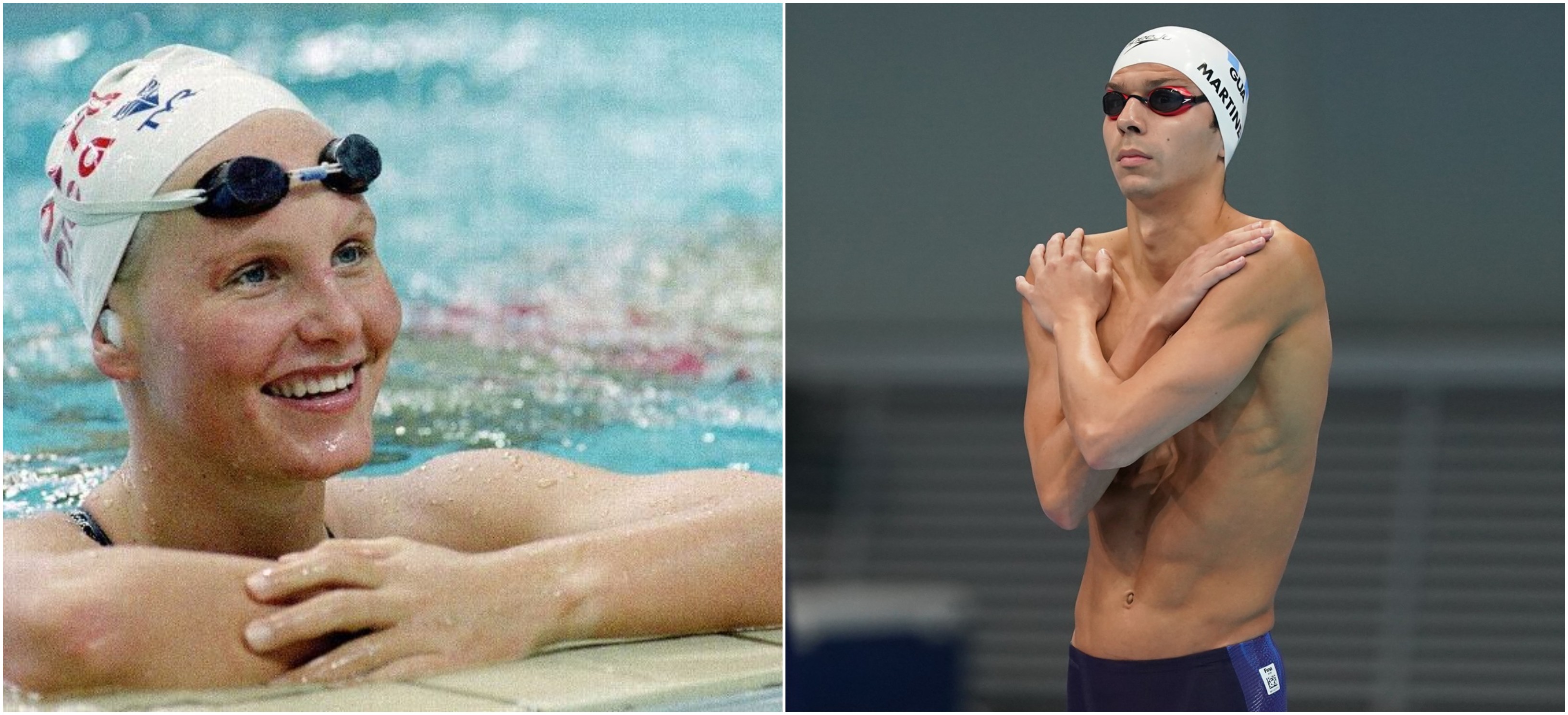 Sylvia Poll ganó a los 18 años una medalla de plata en los 200 metros libres en los Juegos Olímpicos Seúl 1988. A la par Luis Carlos Martínez. Fotos AFP y COG.