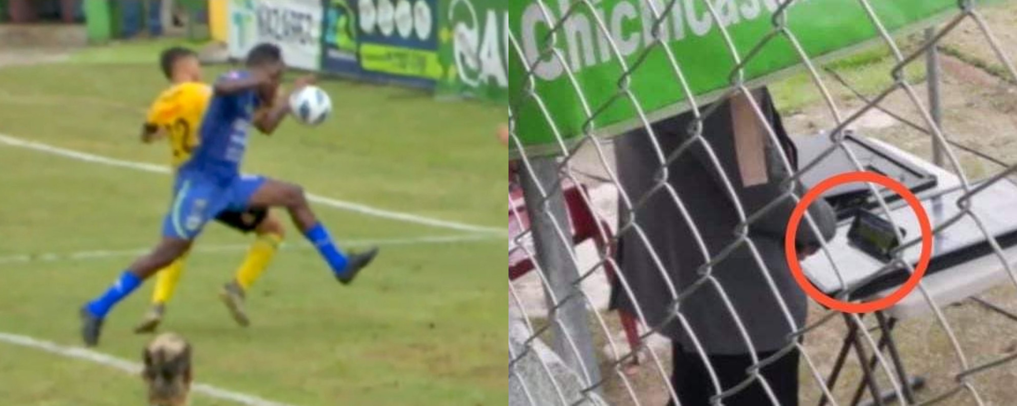 Esta acción de Marvin ÁVila, de Sololá, donde se ve que mete el gol con la mano, fue supuestamente anulado por el asesor arbitral que venía el juego en su celular. Foto Redes Sociales. 