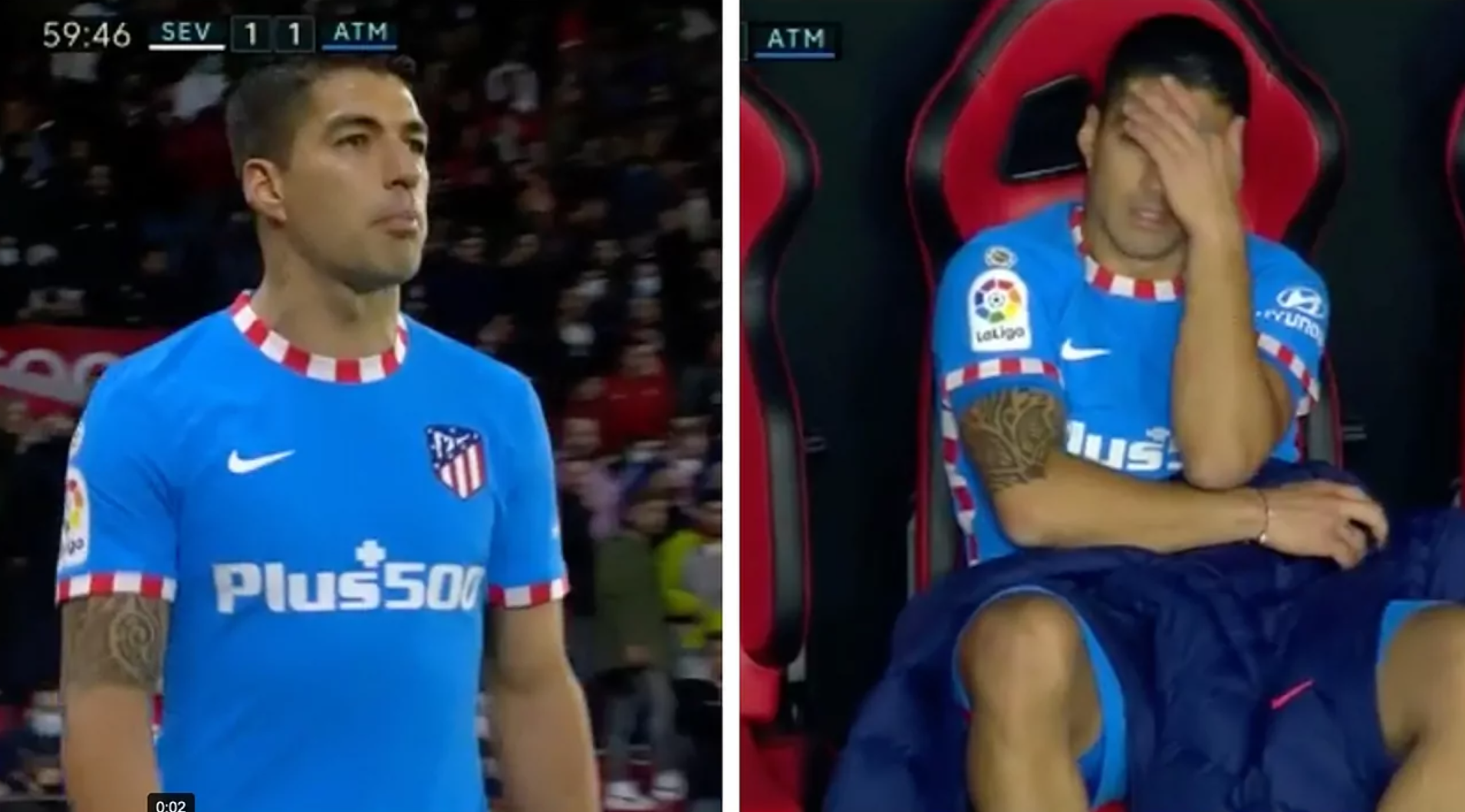 El delantero del Atlético de Madrid Luis Suárez mientras protestó contra Diego Simeone, su entrenador. (Foto Prensa Libre: Youtube)