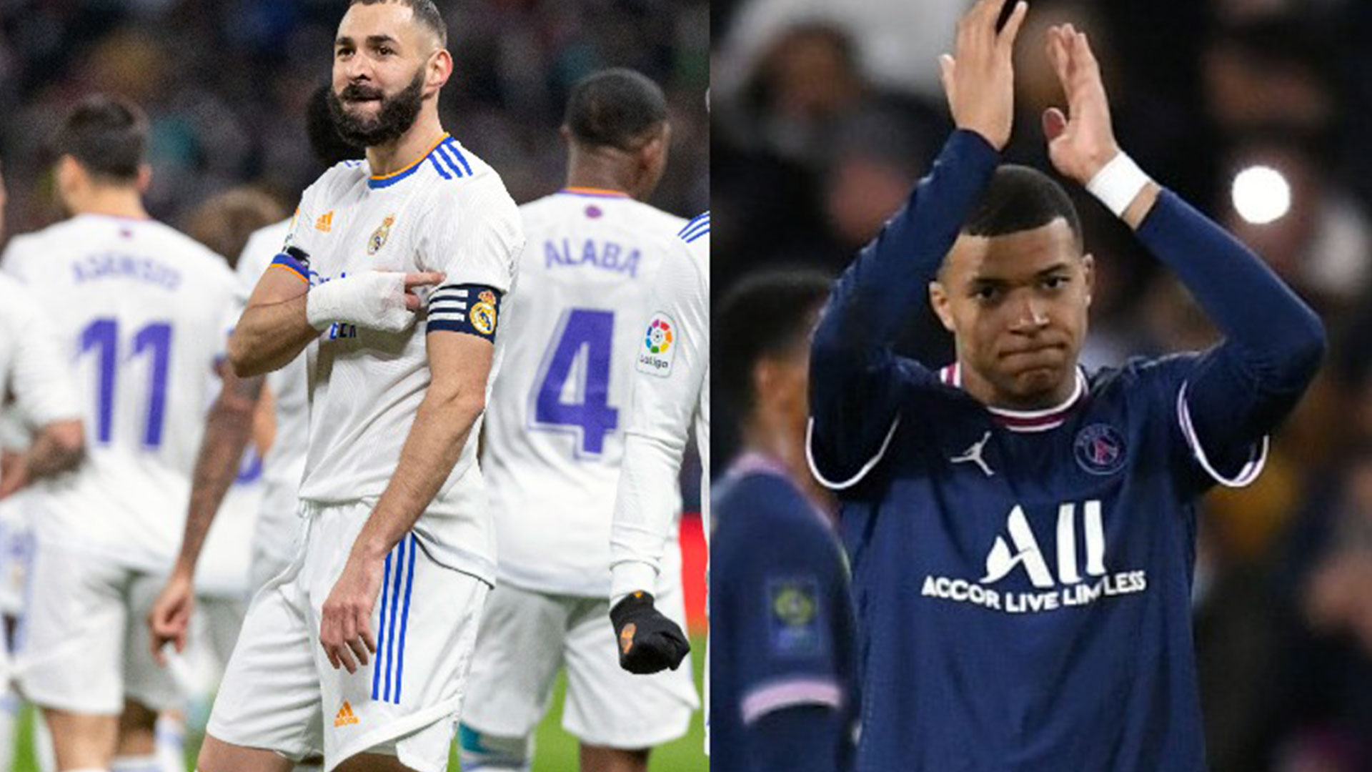 El jugador del Real Madrid Karim Benzema y el PSG Kylian Mbappe son los goleadores del campeonato español y el francés. (Foto Prensa Libre: Twitter)