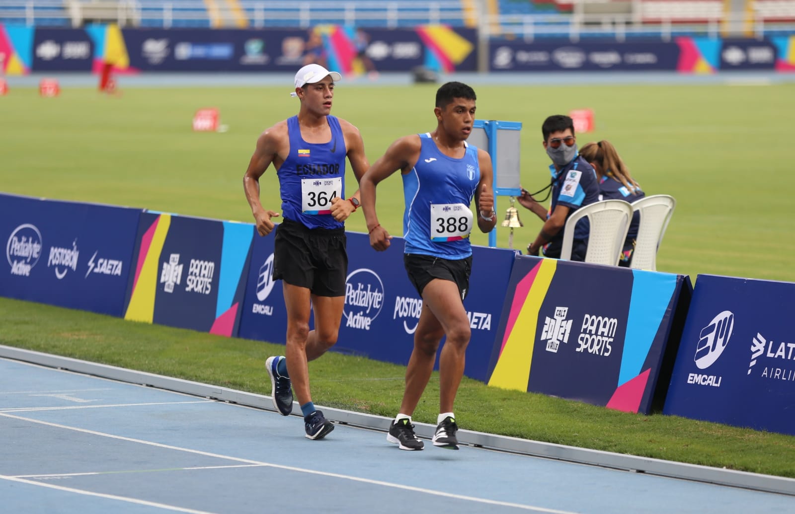 José Eduardo Ortiz Flores, marchista guatemalteco (#388) ganó la medalla de bronce en la prueba de 20 mil metros en los I Juegos Panamericanos Junior Cali-Valle 2021. Foto Prensa Libre: CDG.