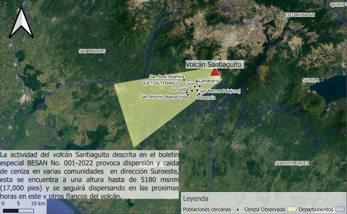 Mapa de dispersión de la ceniza difundido por el Insivumeh. 