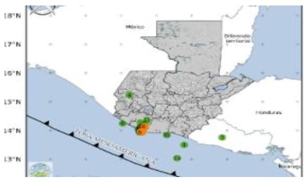 Mapa muestra el epicentro de algunos de los sismos registrados de enero al 24 de febrero del 2022. (Foto Prensa Libre: Insivumeh) 