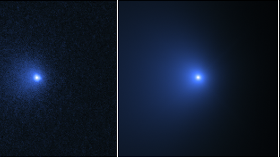 La imágen de la izquierda muestra el cometa el 8 de enero de 2022. La de la derecha muestra la "la coma", un sobre alrededor del núcleo de un cometa. (NASA, ESA, MAN-TO HUI (UNIVERSIDAD DE MACAO))