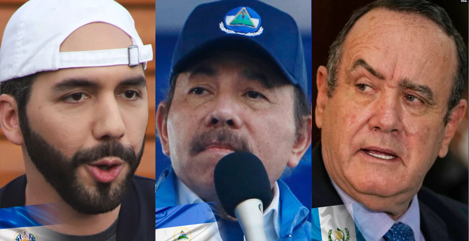 De izquierda a derecha: el presidente de El Salvador, Nayib Bukele, el presidente de Nicaragua, Daniel Ortega y el presidente de Guatemala, Alejandro Giammattei.