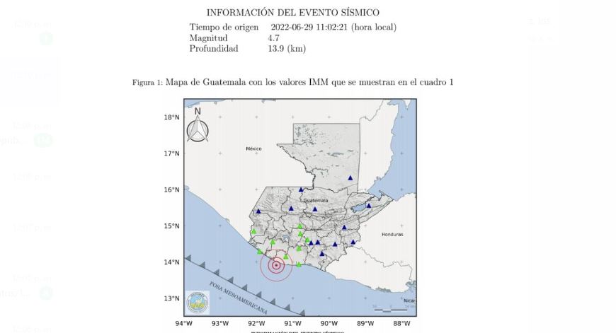 Epicentro del temblor de este 29 de junio de 2022. (Foto Prensa Libre: Insivumeh)