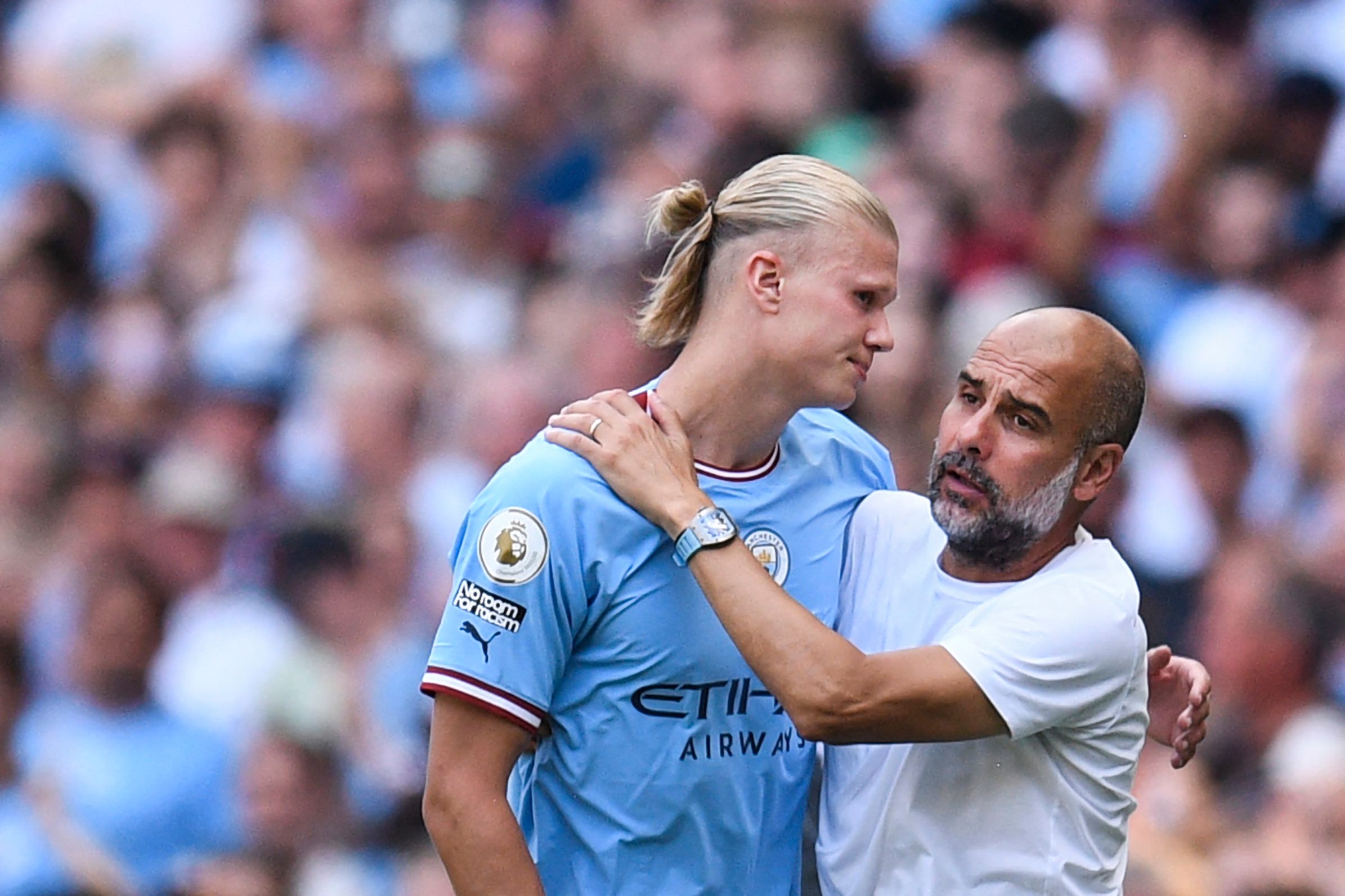 Guardiola está satisfecho con el trabajo de su delantero estrella, Erling Haaland. (Foto Prensa Libre: AFP)