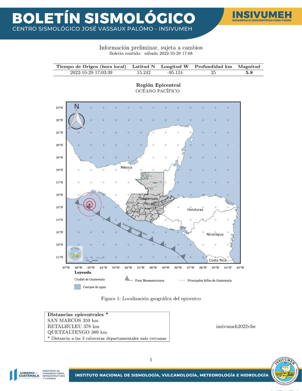 Epicentro del temblor de este 29 de octubre de 2022. (Foto: Prensa Libre: Insivumeh)