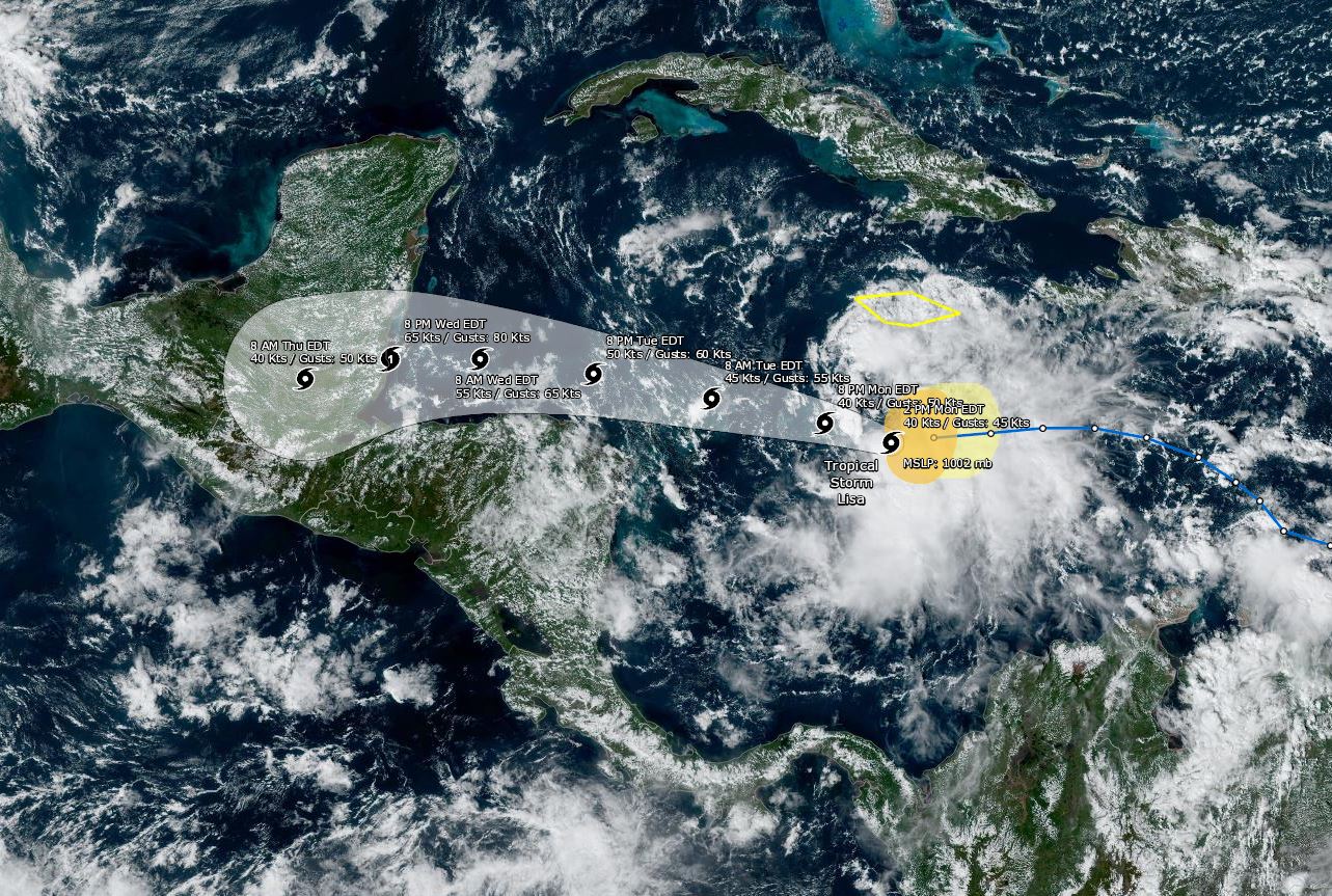 Trayectoria de la tormenta Lisa que impactará Guatemala en los próximos días. (Foto Prensa Libre: Noaa)