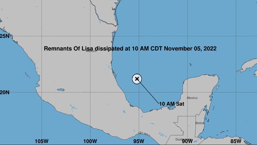 El ciclón Lisa se disipa en costas mexicanas, según informa este sábado 5 de noviembre el Centro Nacional de Huracanes. (Foto Prensa Libre: Centro Nacional de Huracanes)
