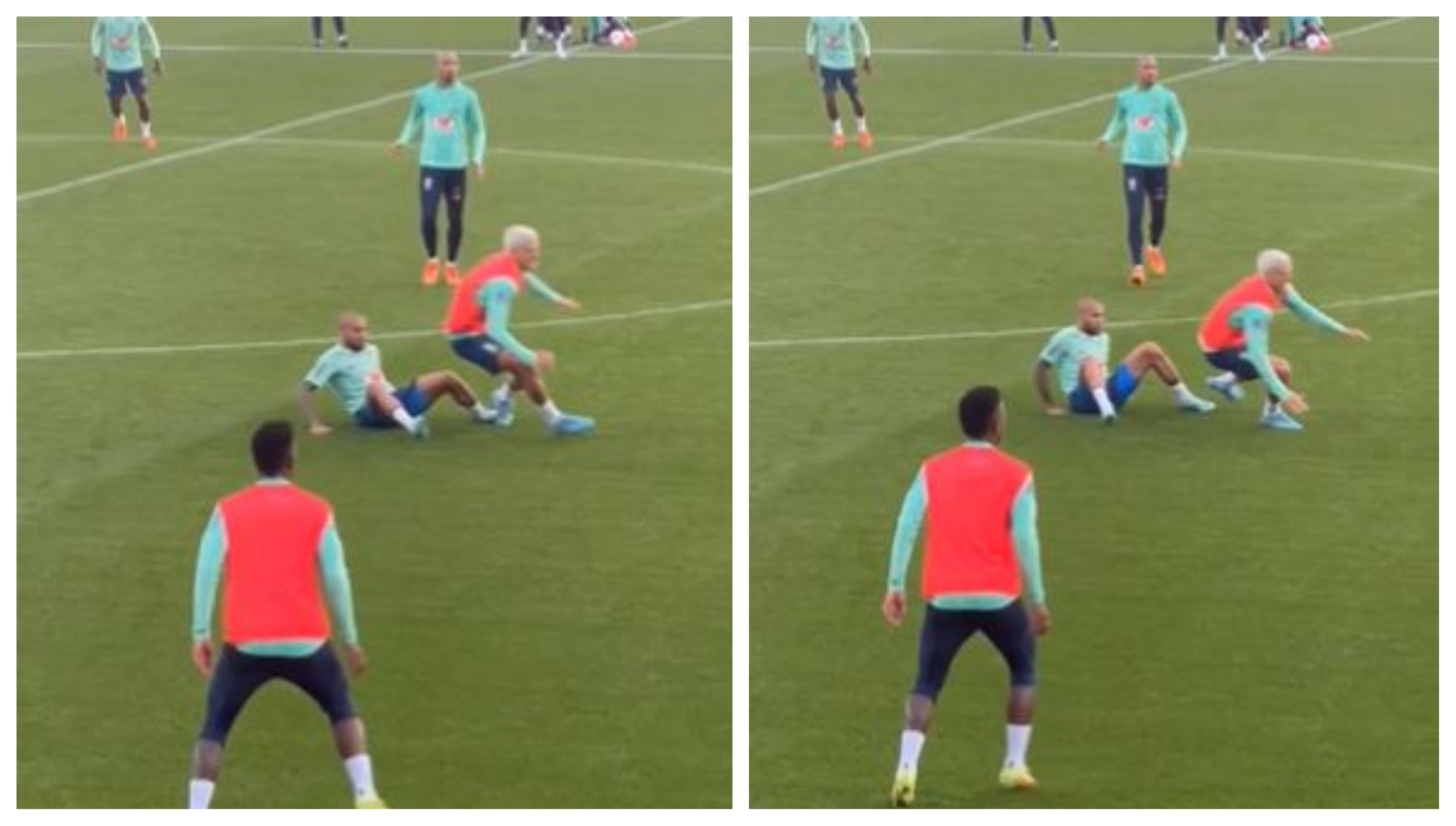 Dani Alves y su entrada a Pedro, en el entrenamiento de Brasil, en Italia. (Foto Prensa Libre: Captura)