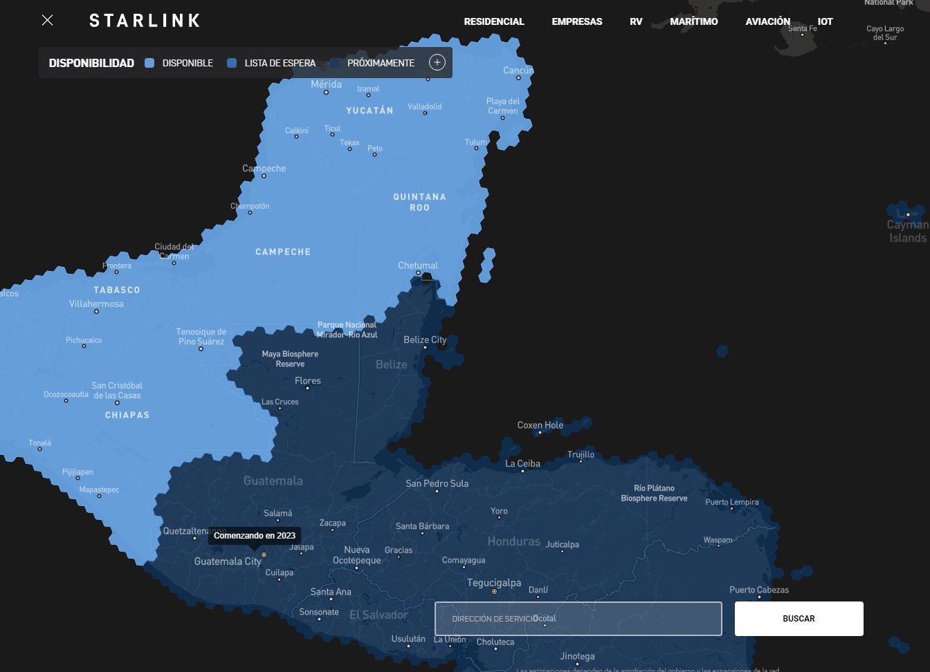Mapa de cobertura de Starlink que anuncia que el servicio de internet satelital estará disponible en Guatemala a partir de 2023. (Foto Prensa Libre: captura de pantalla Starlink Map)