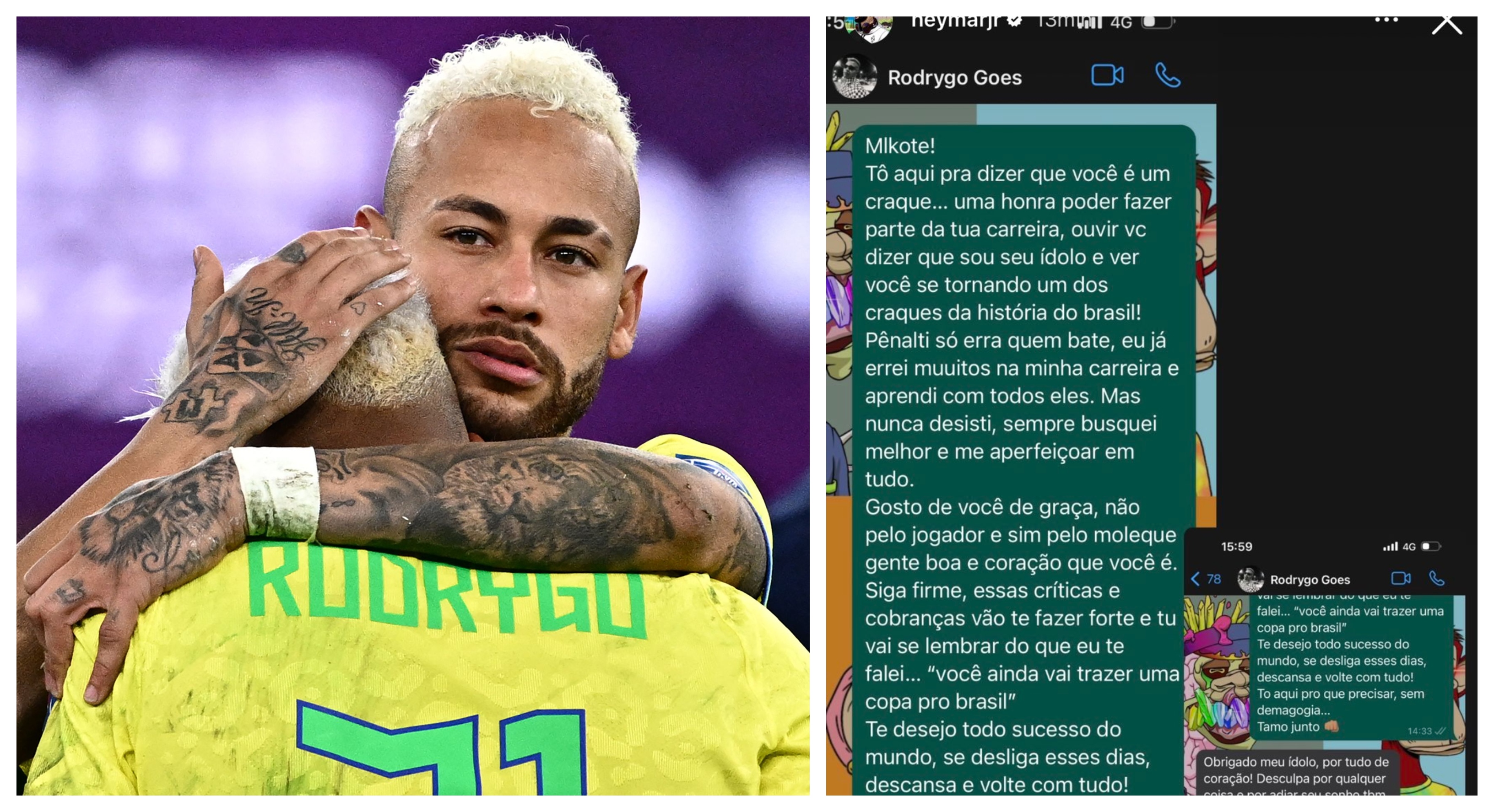 Neymar consoló a Rodrygo después de la eliminación de Brasil en Qatar 2022. (Foto Prensa Libre: AFP y Twitter)