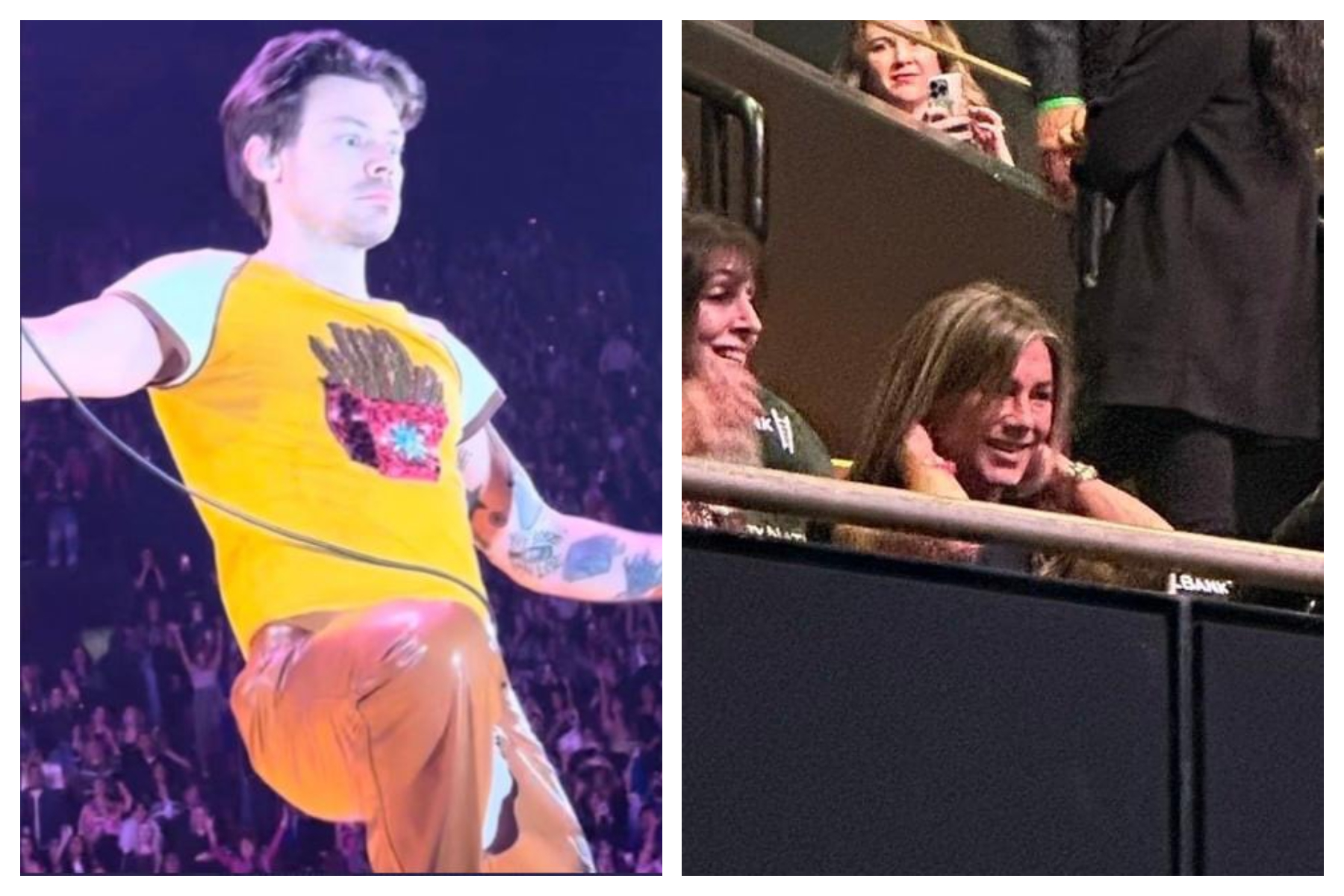 Durante su último concierto en Los Ángeles, Harry Styles tuvo un accidente con su pantalón, lo cual presenció Jennifer Aniston. 