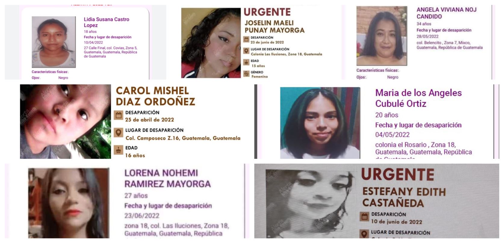 Las siete mujeres que fueron localizadas enterradas en una casa de la zona 18 tenían alertas por su desaparición. (Foto Prensa Libre: Tomadas de las alertas Isabel-Claudina y Alba-Keneth)