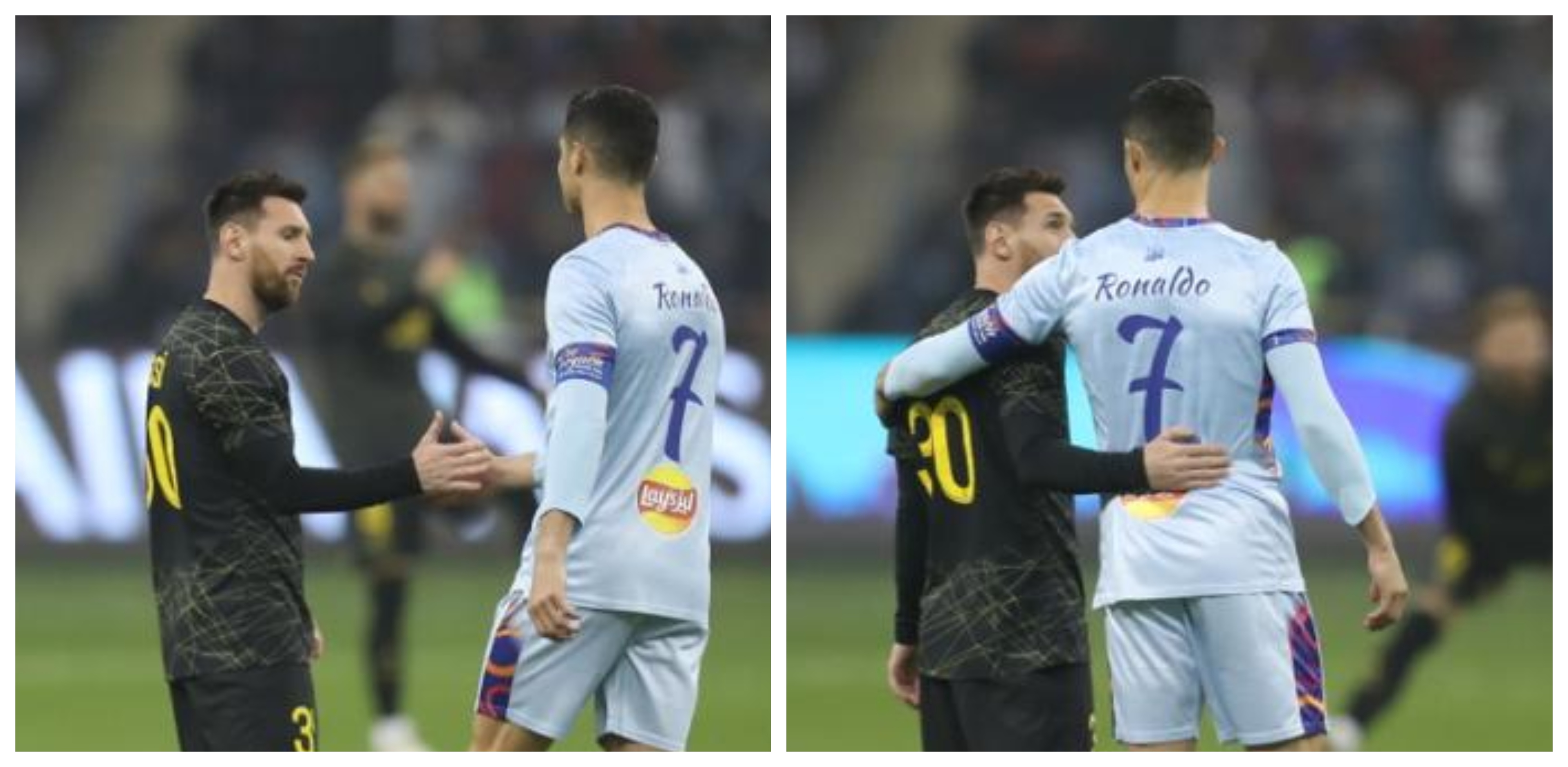 Así fue el saludo entre Lionel Messi y Cristiano Ronaldo en Arabia Saudita. (Foto Prensa Libre: @RiyadhSeason)