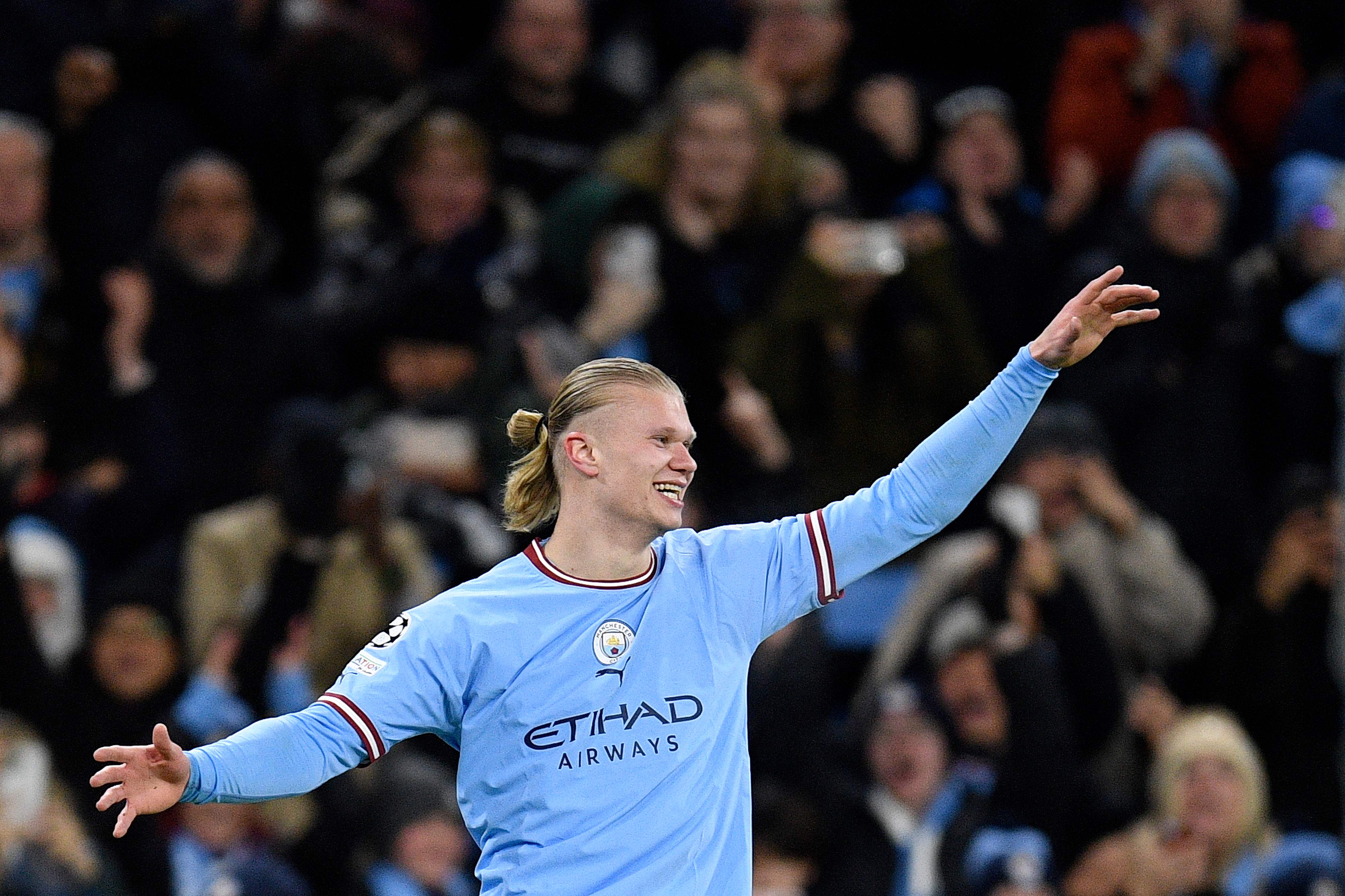 Erling Haaland festejó cinco goles contra el Leipzig. (Foto Prensa Libre: AFP)