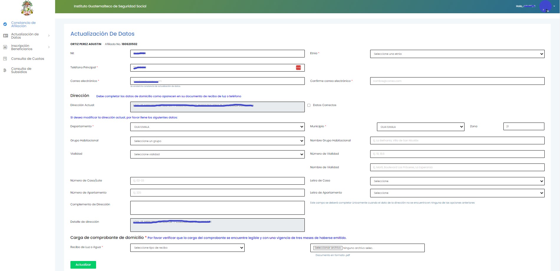 Actualización de datos personales IGSS
