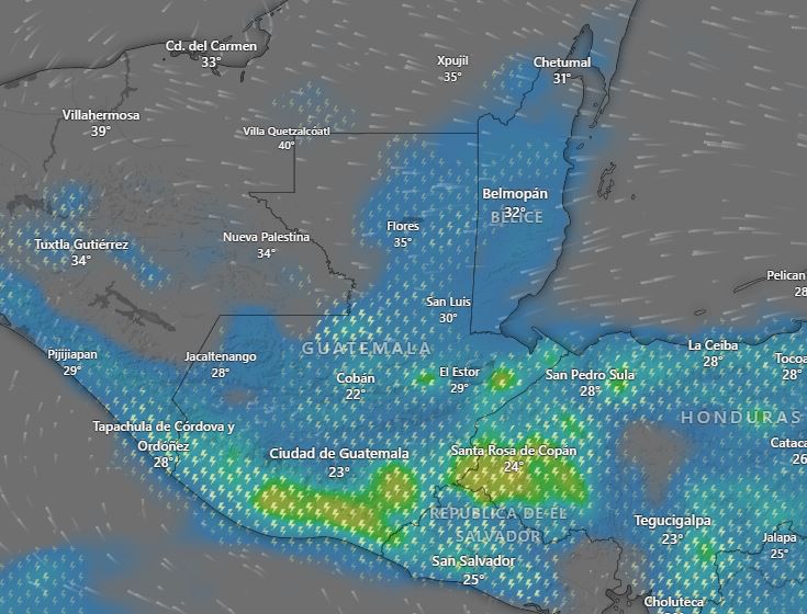 Sistema de lluvias que se registran en Guatemala en las últmas horas. (Foto Prensa Libre: Windy)