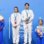 Alejandra Higueros y Héctor Morales obtuvieron medalla de oro en Taekwondo Poomsae freestyle mixto en los Juegos Centroamericanos y del Caribe que se realizaron en El Salvador recientemente, pero compitieron por Centro Caribe Sports (CCS) y sin la bandera de Guatemala por la sanción. (Foto Prensa Libre: COG)
