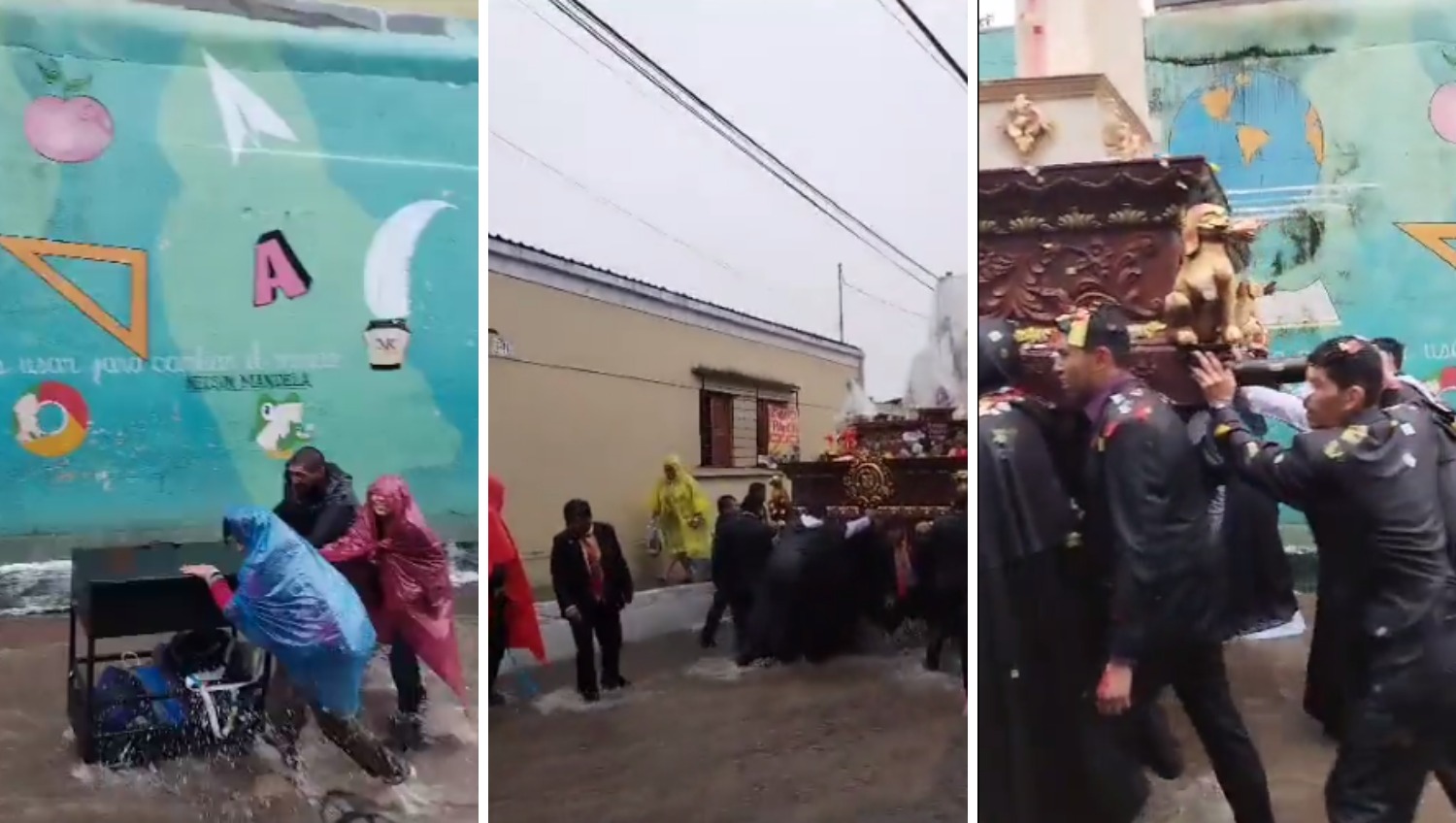 El recorrido de la procesión de Santo Domingo se vio afectado por una correntada de agua que abarcó toda la calle. (Foto Prensa Libre: Captura de Pantalla)