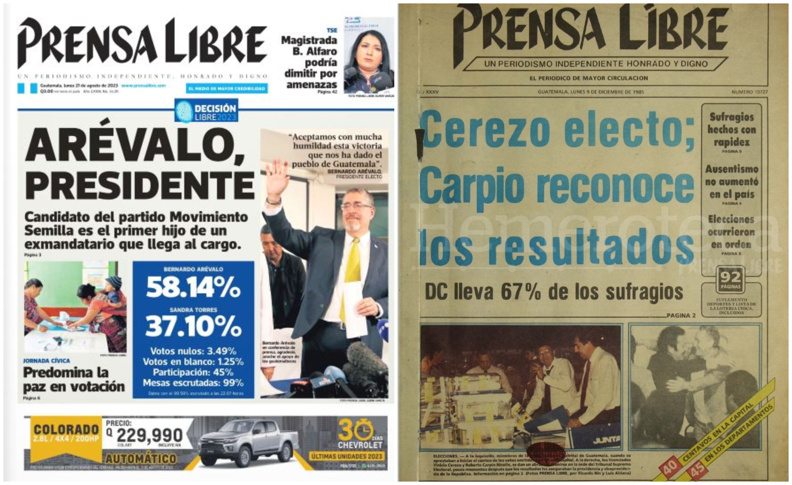 Portadas de Prensa Libre de cuando ganó la presidencia Vinicio Cerezo en 1985 y Bernardo Arévalo en 2023. (Foto Prensa Libre: Hemeroteca PL).