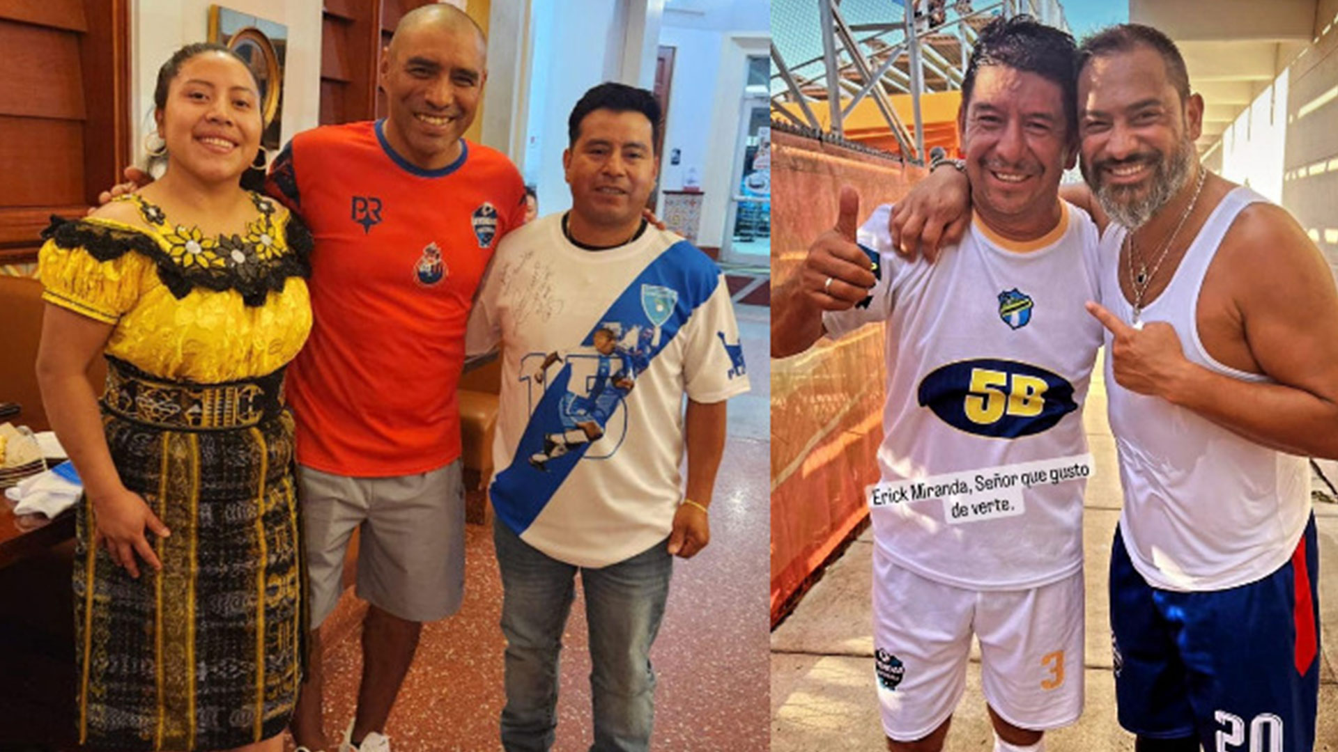 La leyenda de Municipal, Juan Carlos Plata, junto a aficionados antes del partido ante Comunicaciones. A la par, Erick Miranda, leyenda crema, junto a Carlos Ruiz después del partido. (Foto Prensa Libre: Leyendas Guatemala/Carlos Ruiz - Facebook)