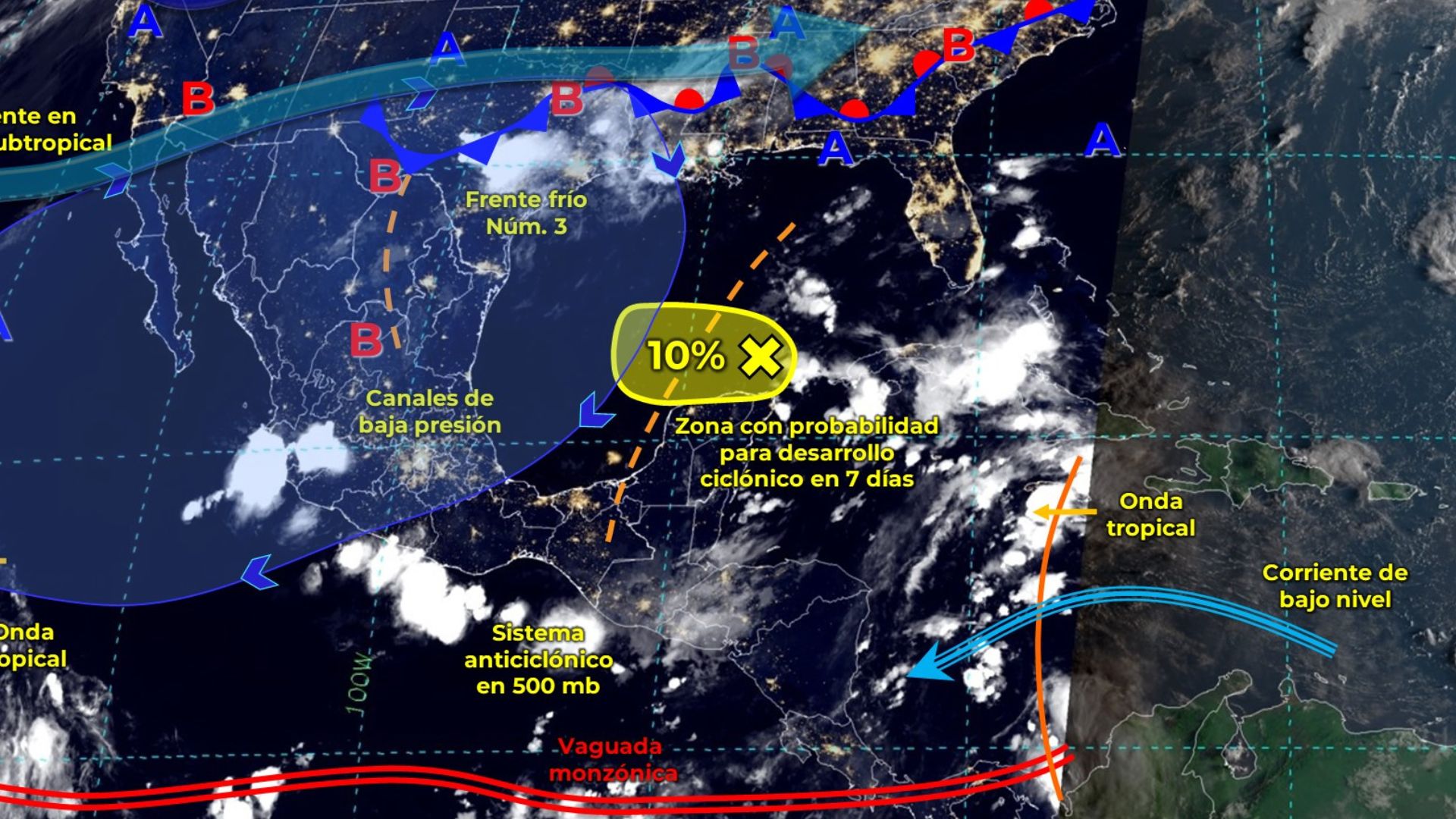 El Servicio Meteorológico Nacional de México mantiene vigilancia de una zona de baja presión con 10% de probabilidad de desarrollo ciclónico en 48 horas.(Foto Prensa Libre: SMN de México)