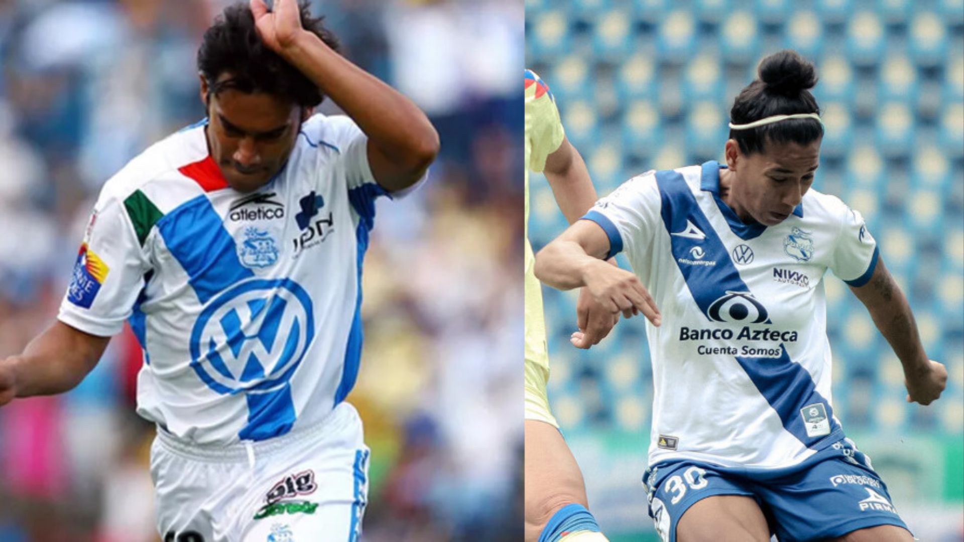 Los guatemaltecos, Carlos Ruiz y Aisha Solórzano celebrando sus anotaciones con el Puebla al América. (Foto Prensa Libre: Liga MX)