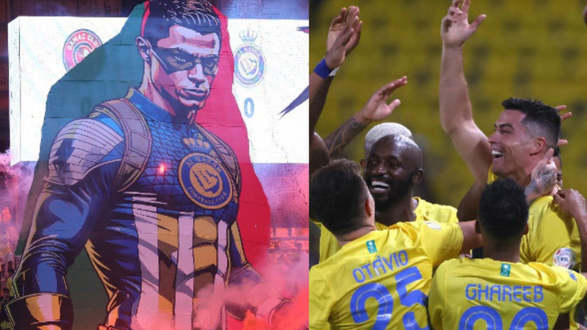 Con este tifo, su afición en el Al-Nassr, festejó a Cristiano Ronaldo por llegar a 200 goles con la selección de Portugal, luego de anotar el segundo gol de su equipo este sábado. (Foto Prensa Libre: Al-Nassr)