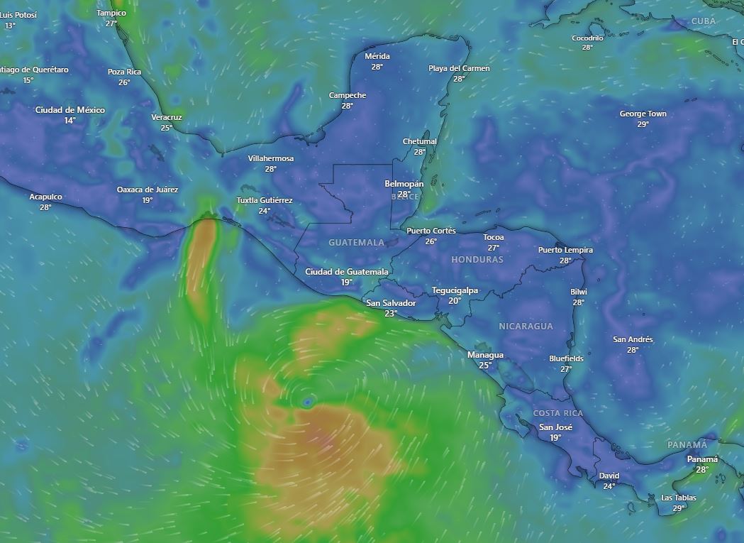 Se espera que Pilar llegue a El Salvador el martes. (Foto Prensa Libre: Windy)