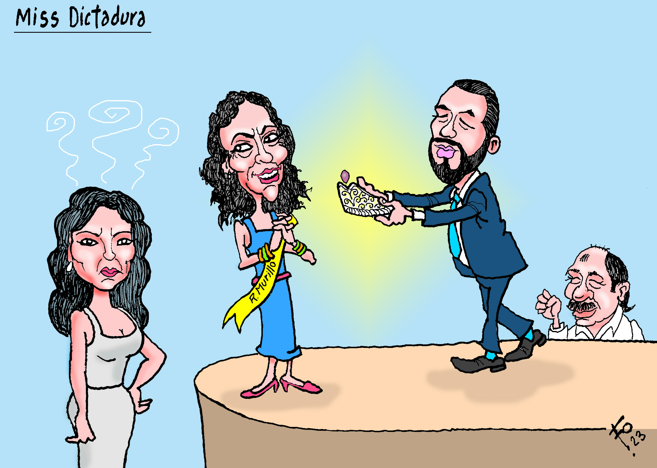 Personajes: Sheynnis Palacios, Rosario Murillo, Nayib Bukele y Daniel Ortega.