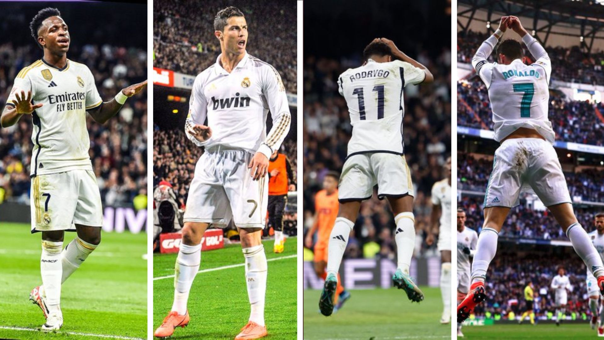 El Real Madrid, Vinícius Júnior, celebra con su compañero, Rodrygo, después de sus goles al Valencia. (Foto Prensa Libre: AFP)