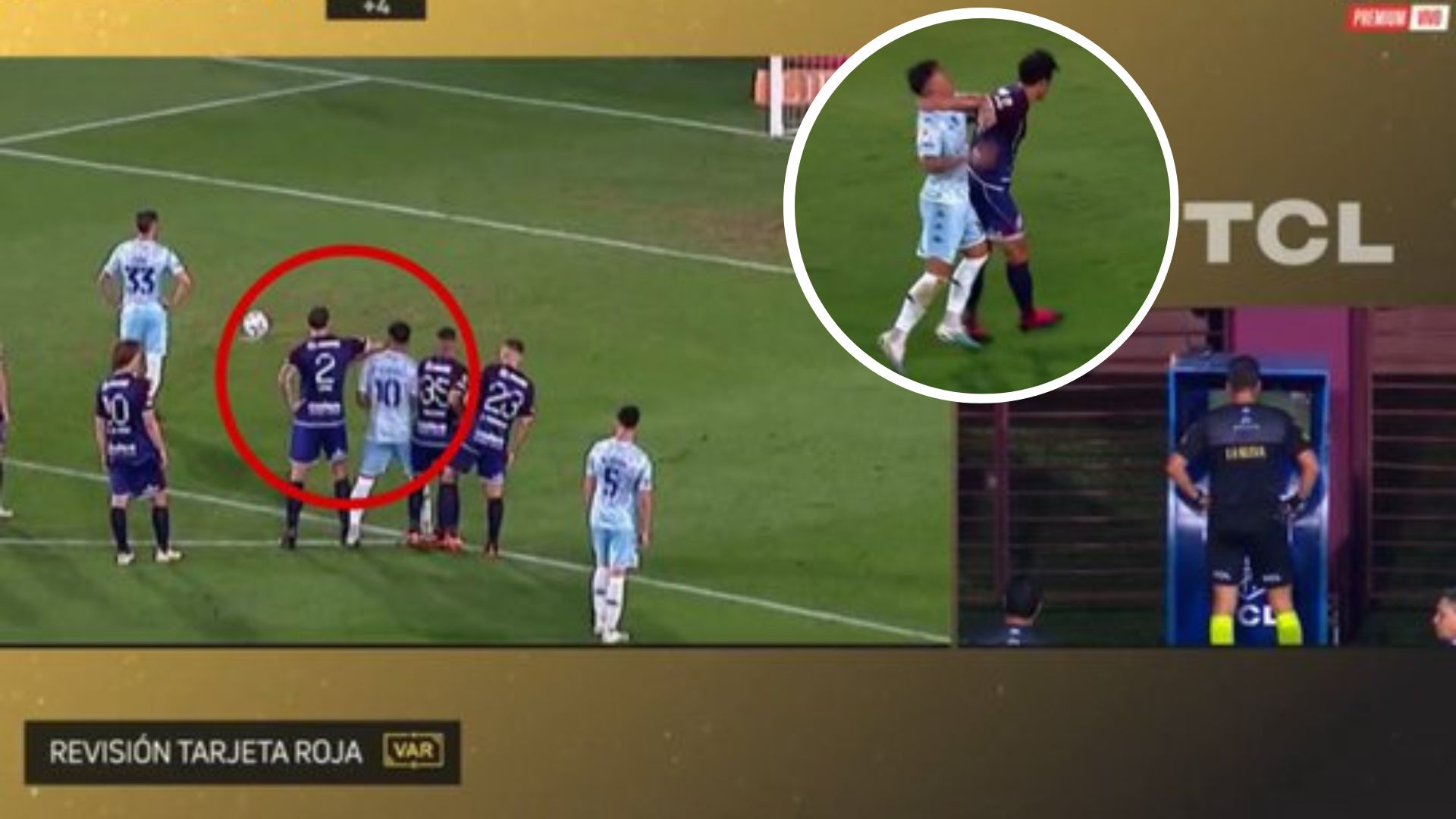 El confuso momento de la doble expulsión en el duelo entre Racing y Lanús. (Foto Prensa Libre: Captura de Pantalla)