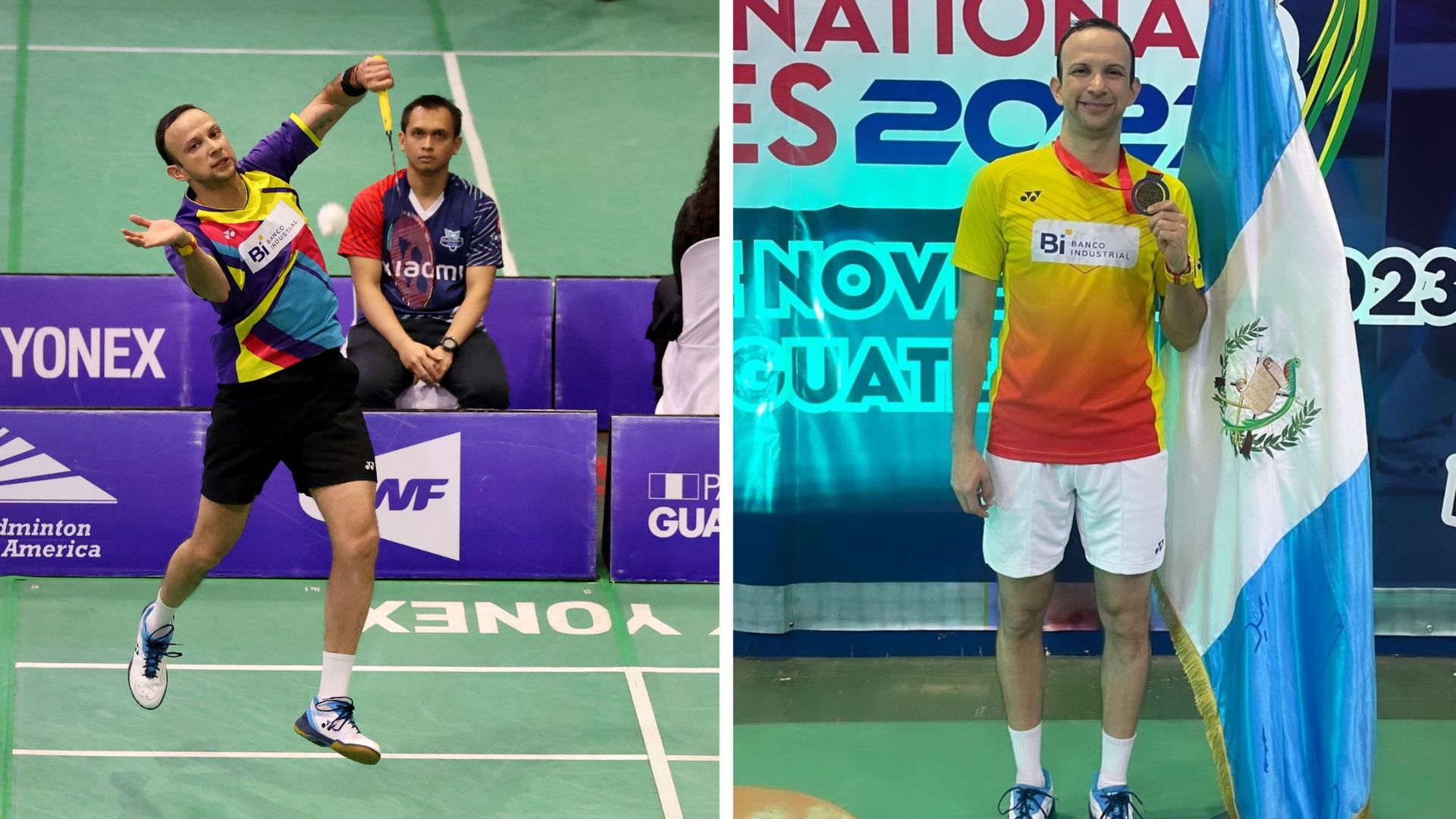 El badmintonista nacional, Kevin Cordón, posando con la medalla de oro luego de vencer al italiano Giovanni Toti. (Foto Prensa Libre: Federación de Bádminton de Guatemala)